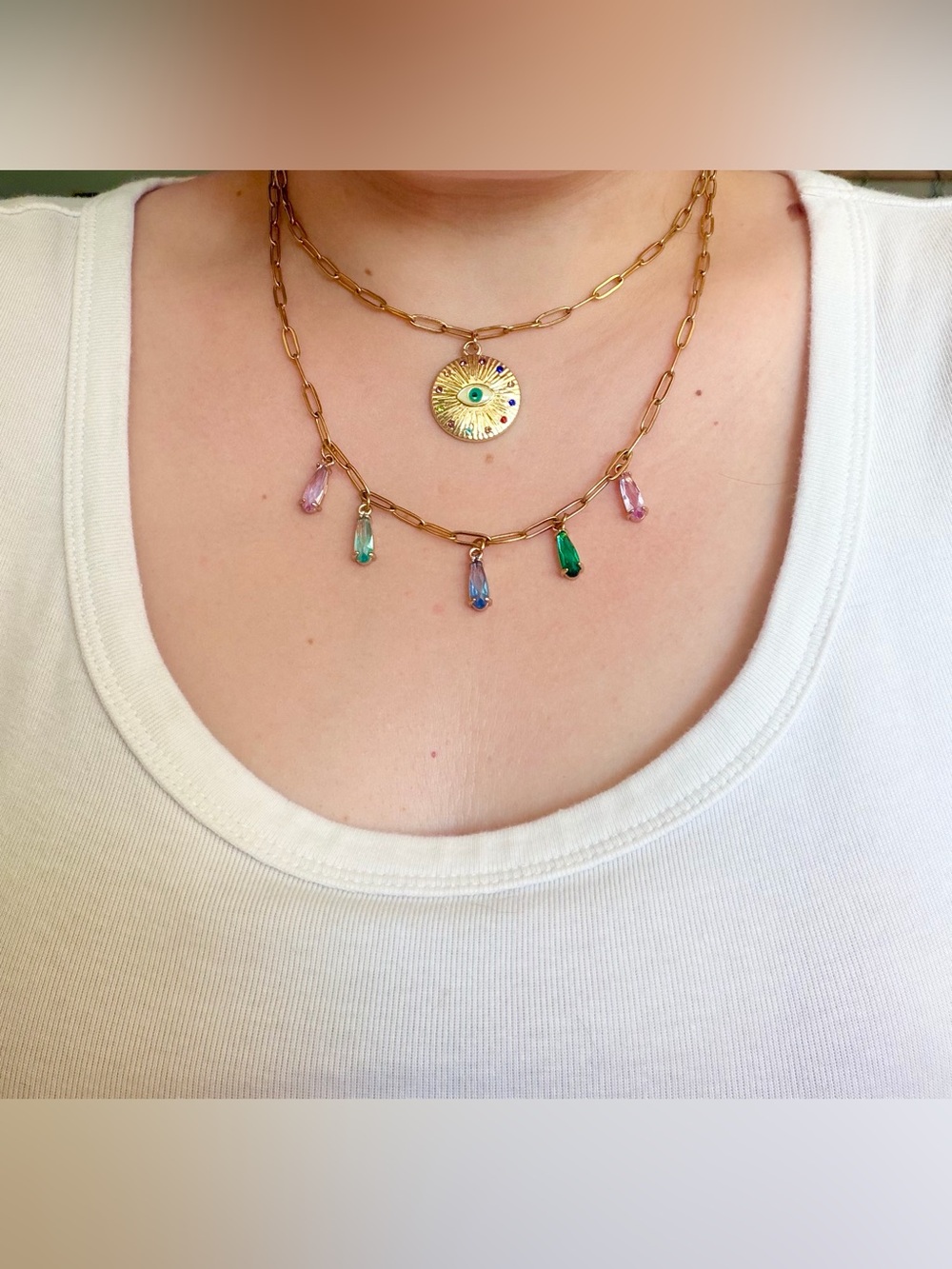 Handmade Boho Y2K Evil Eye Charm Necklace Layered Gold Paperclip Chain